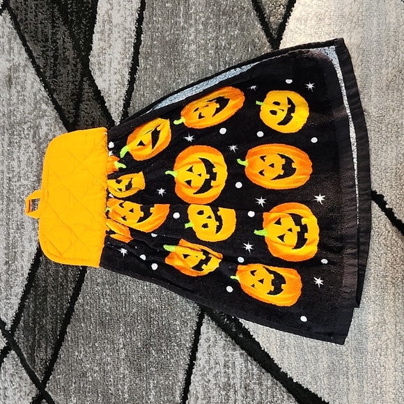 VINTAGE HANDMADE HANGING HALLOWEEN POT HOLDER DOUBLE KITCHEN TOWEL - Picture 5 of 10